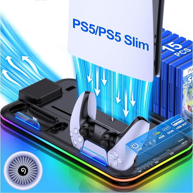 Estación de refrigeración para PS5 Pro y Slim con estación de carga para mandos de PlayStation 5, ventilador de refrigeración de 3 niveles, luz RGB, almacenamiento para 15 juegos