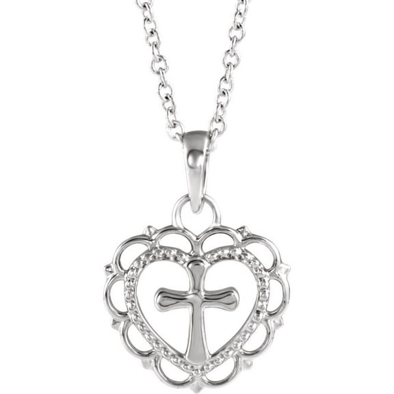 Sterling Silver Polished Heart With Cross Youth Necklace - 2.1 Grams