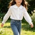 thumbnail image 4 of Fesfesfes Girls White Button Down Shirt Long Sleeve Collared Blouse with Bow Detail, Cotton School Uniform Top for Back to School Ages 5-15 Years, 4 of 6