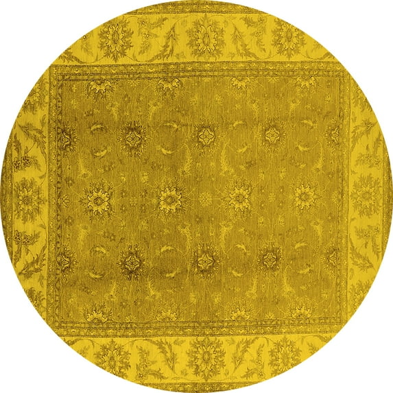 Ahgly Company Machine Washable Indoor Round Oriental Yellow Traditional Area Rugs, 6' Round