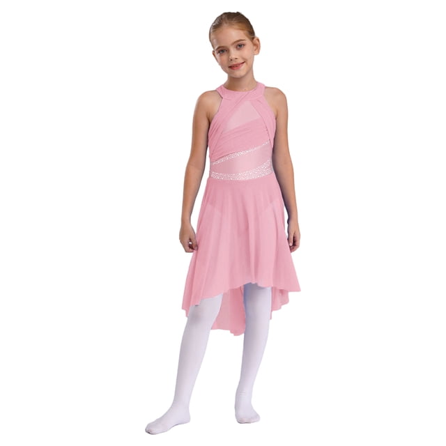 RUNQHUI Robe de Ballet Sans Manches pour Filles avec Strass Brillants Justaucorps Moderne Contemporain Costume de Bal Rose 10