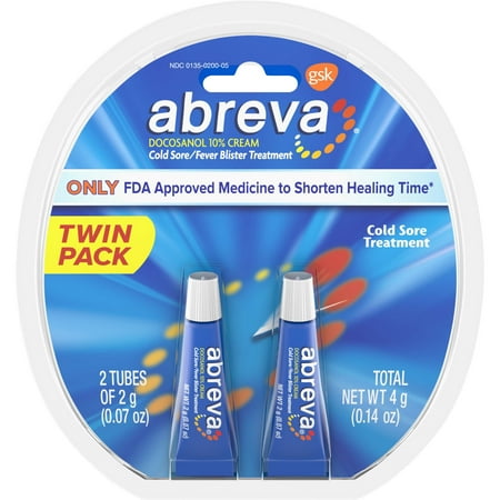 Abreva Docosanol 10% Cream Tube, FDA Approved Treatment for Cold Sore/Fever Blister, 4 grams Twinpack (two 2gram (Best Cold Sore Treatment Australia)