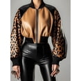 thumbnail image 3 of Women Two Tone Leopard Print Faux Leather Cropped Bomber Jacket Raglan Long Sleeve Zip Up Outerwear, 3 of 3