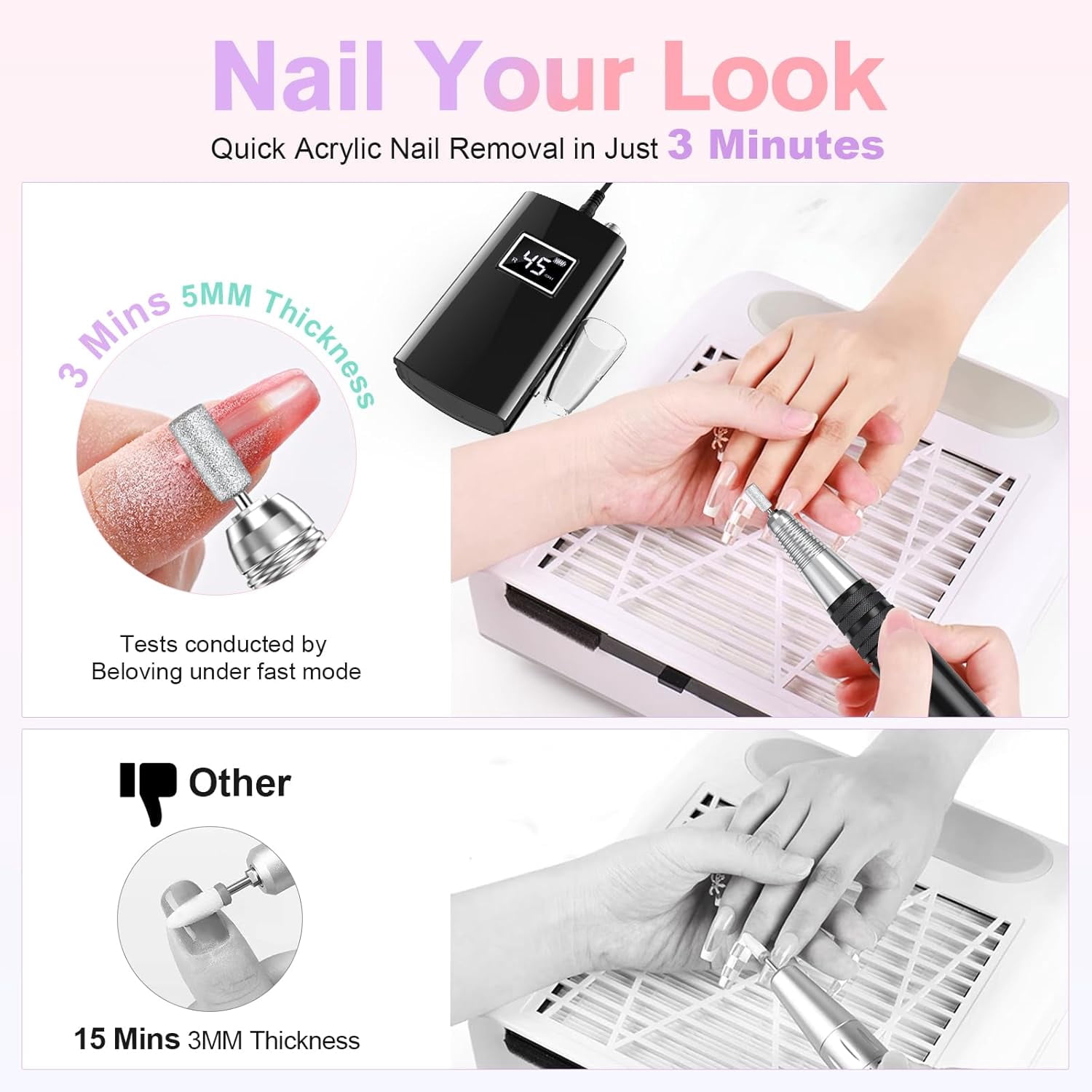 COSITTE 45,000 RPM Portable Electric Nail Drills, LCD Display, Acrylic and Gel Remover, Hand and Foot Care - Black