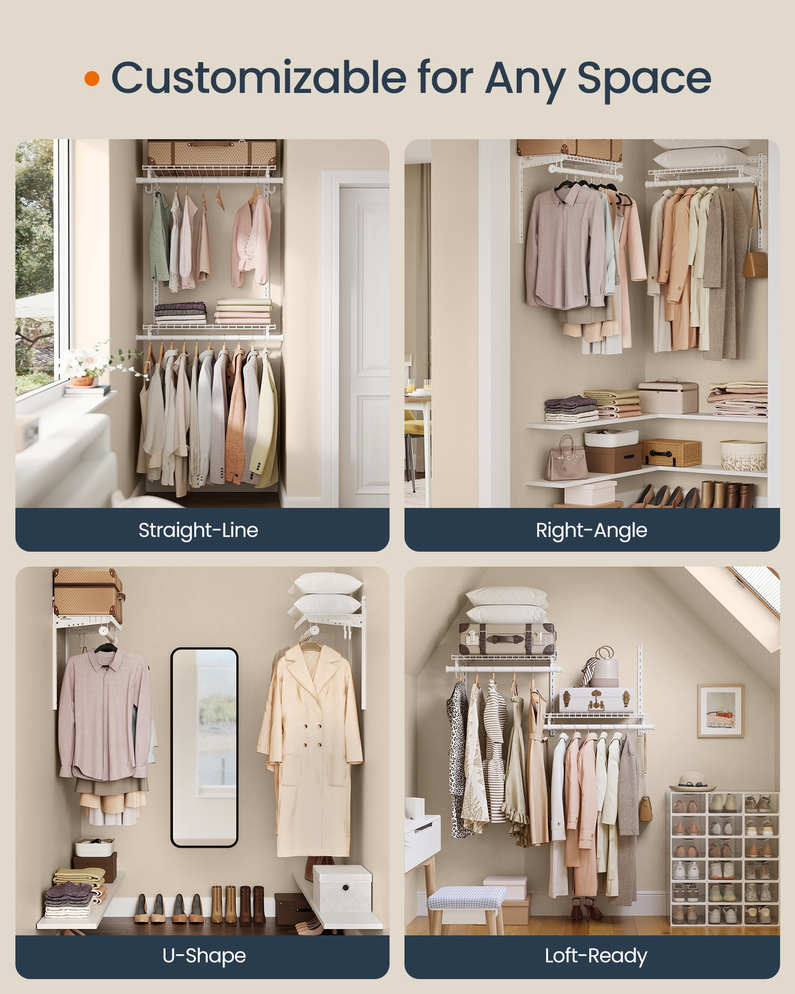 2-4 ft Adjustable Closet System - Metal Shelving Unit with 2 Rods & Shelves, 141 lb Capacity, for Wardrobe/Pantry, Cloud White