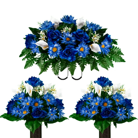 Sympathy Silks Artificial Cemetery Flowers 2 Blue Daisy/Rose/Calla Lily bouquets & cemetery saddle