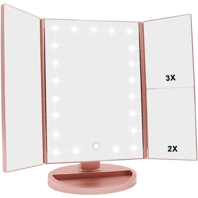 Lighted Makeup Mirror Trifold Vanity Mirror with X/X/X Magnification Natural LED Nights and Touch Screen Batteries and USB Power Supply Adjustable Tabletop Cosmetic Mirror (