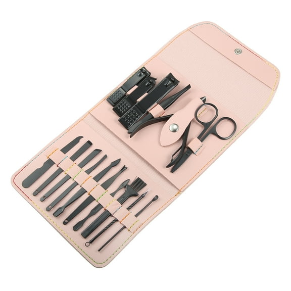Unique Bargains 16 pcs Manicure Set with Pink PU Case Personal Care Stainless Steel Black
