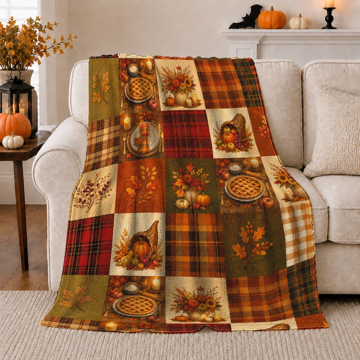 Pumpkin Pie Cornucopia Patchwork Grid Harvest Illustration Style for Thanksgiving Lovers Sofa Autumn Scene and Thanksgiving Gift Cozy Flannel Blanket for Cabin and Living Room Home Decor