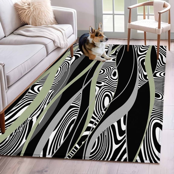 Rectangle Area Rugs 2.7 x 5 Ft, Sage Green Black Stripes Non-Slip Residential Carpet, Grey Abstract Gradient Striped Indoor Crawling Mats Runner Rugs for Living Room/Dining Room/Bedroom