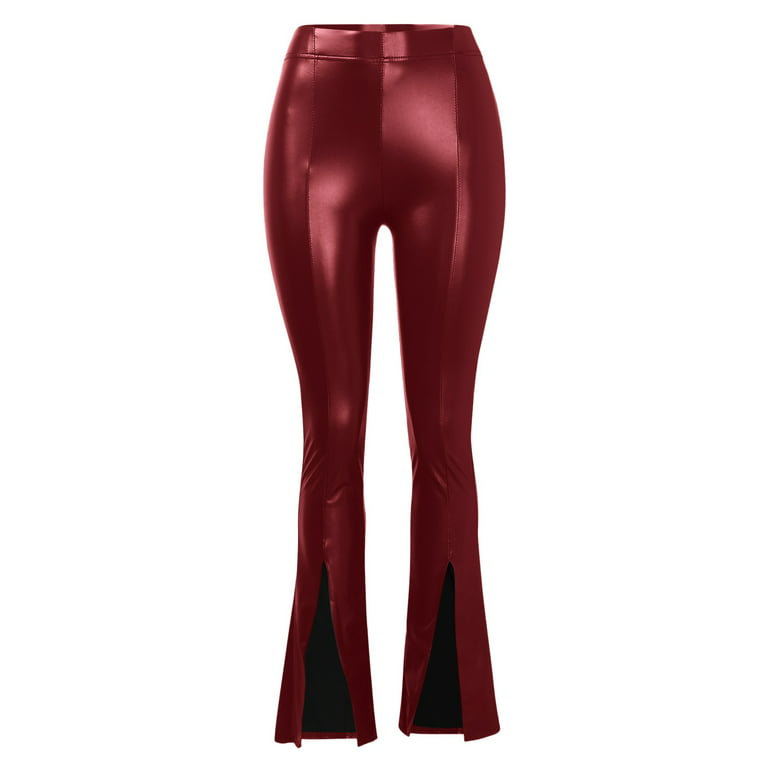 Outfmvch Plus Size Shorts High Waisted Shorts Women PU Leather PantsClic  High Waist Elastic Flare Pants Slit Large Pants Flared Leggings Red XL 