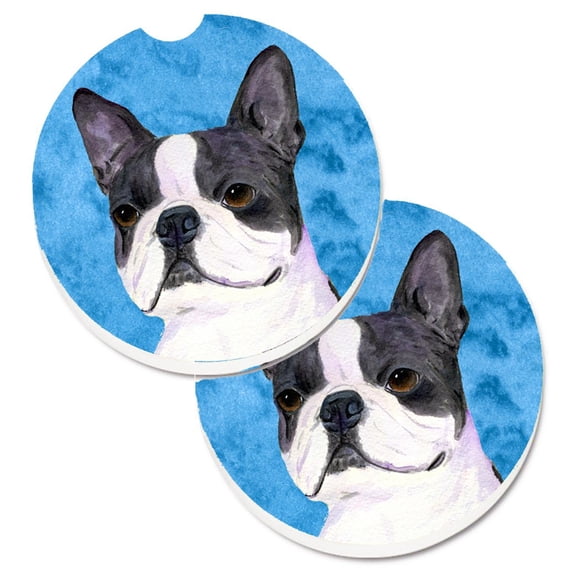 Carolines Treasures SS4792-BUCARC Blue Boston Terrier Set of 2 Cup Holder Car Coasters  Large multicolor