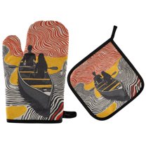 Yayeee Oven Mitts and Pot Holder Set of 4 Heat Resistant Kitchen Gloves Baking Hot Pad, Striped Boat