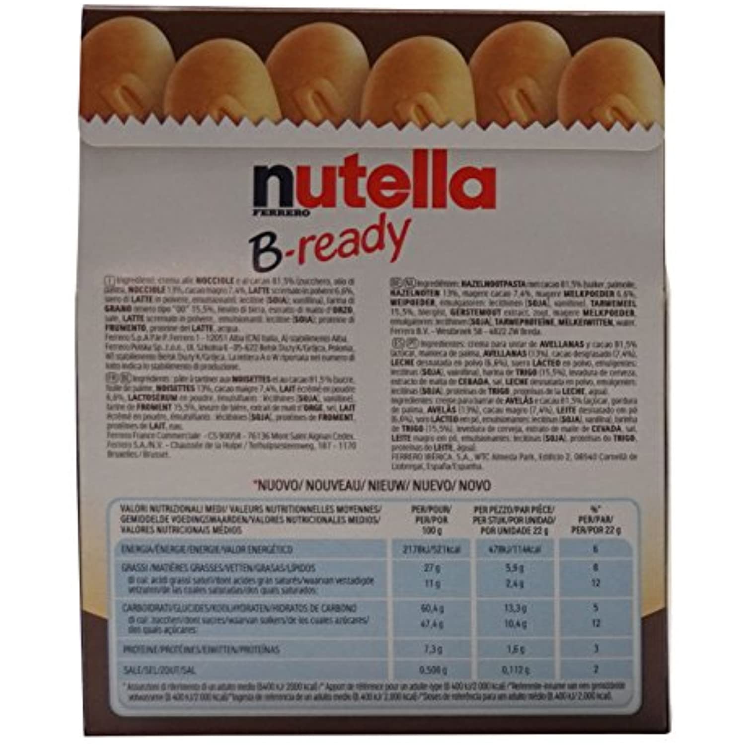 Ferrero: Nutella B-ready NEW + NUTELLA  a crisp wafer of bread in the  form of mini - baguette stuffed with a creamy Nutella 6 pieces 4.6 oz  (132g)