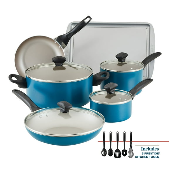 Farberware Dishwasher Safe Nonstick 15 Pcs Cookware Set with Baking Pan / Cookie Pan and Cooking Tools ,Teal