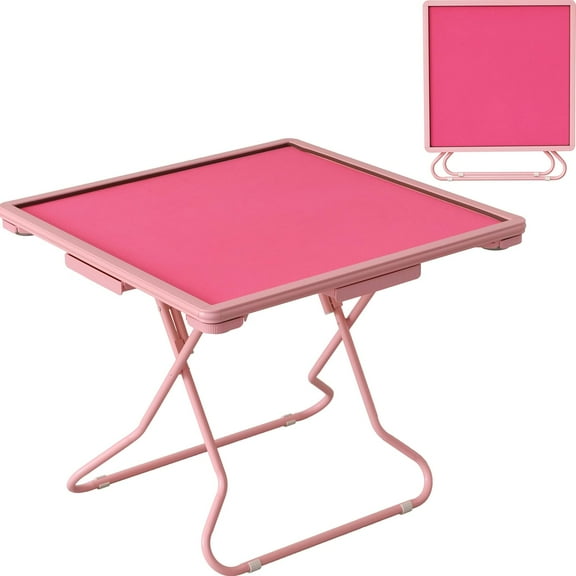Pink Mahjong Table, 35" Square Game Table with Resistant Wood Tabletop, Portable Folding Card Table with 4 Drawers and 4 Cup Holders, Domino Table for Party, Game Nights, Gifts for Retirees