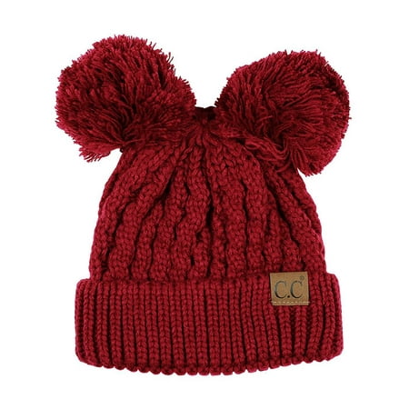 - C.C 2 Ear Pom Pom Cable Knit Soft Stretch Beanie