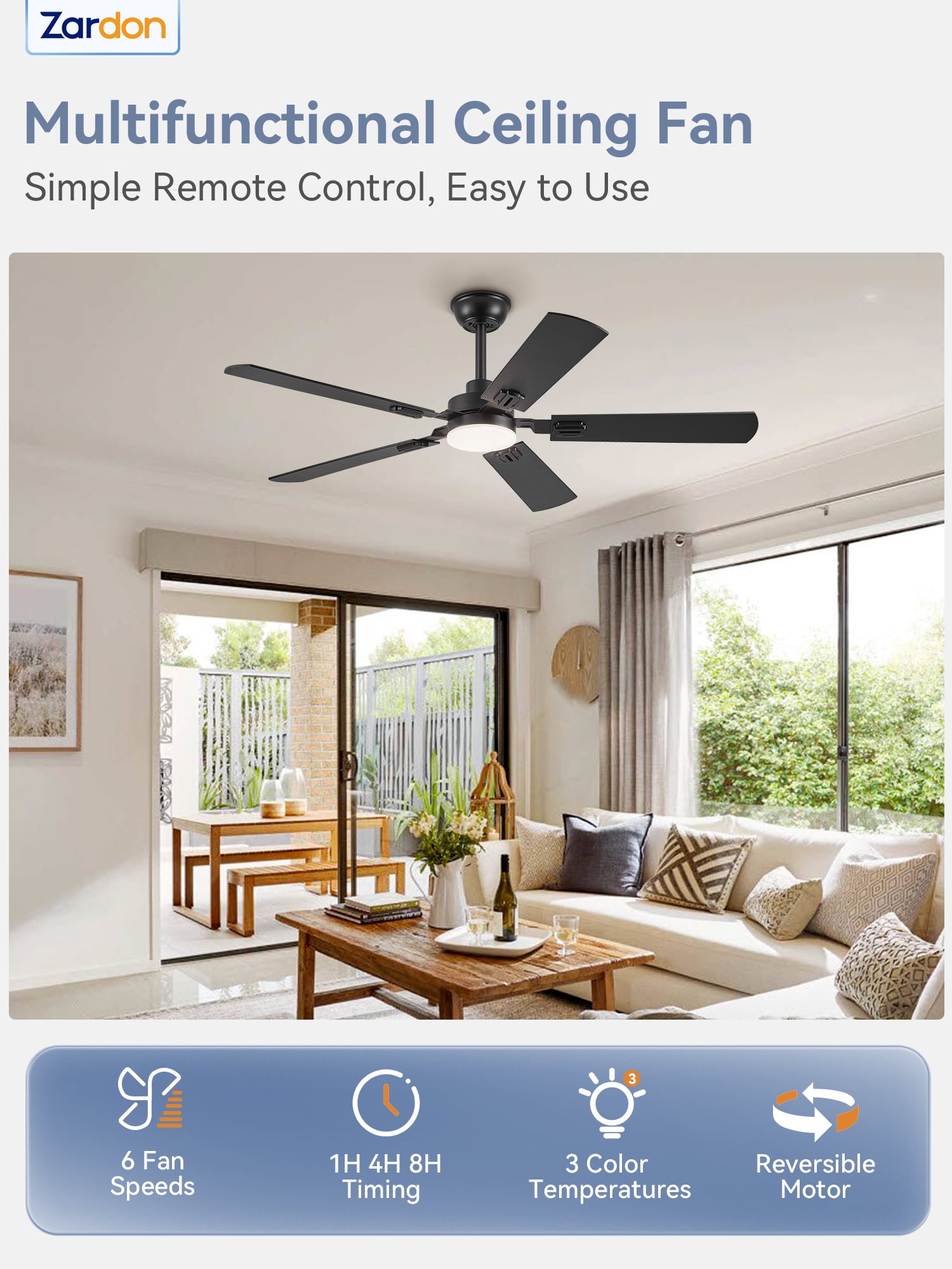 Zardon 52" Modern Black Ceiling Fan with Light and Remote Control, Ultra-Quiet DC Motor, Bright LED Light, 6-Speed, Timer for Bedroom, Living Room