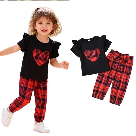 Valentines Outfit Baby Girl Short Sleeve Plaid Ruffle Top and Pants Set Cute Baby Girl Outfit Baby Girl 9-12 Months Outfits