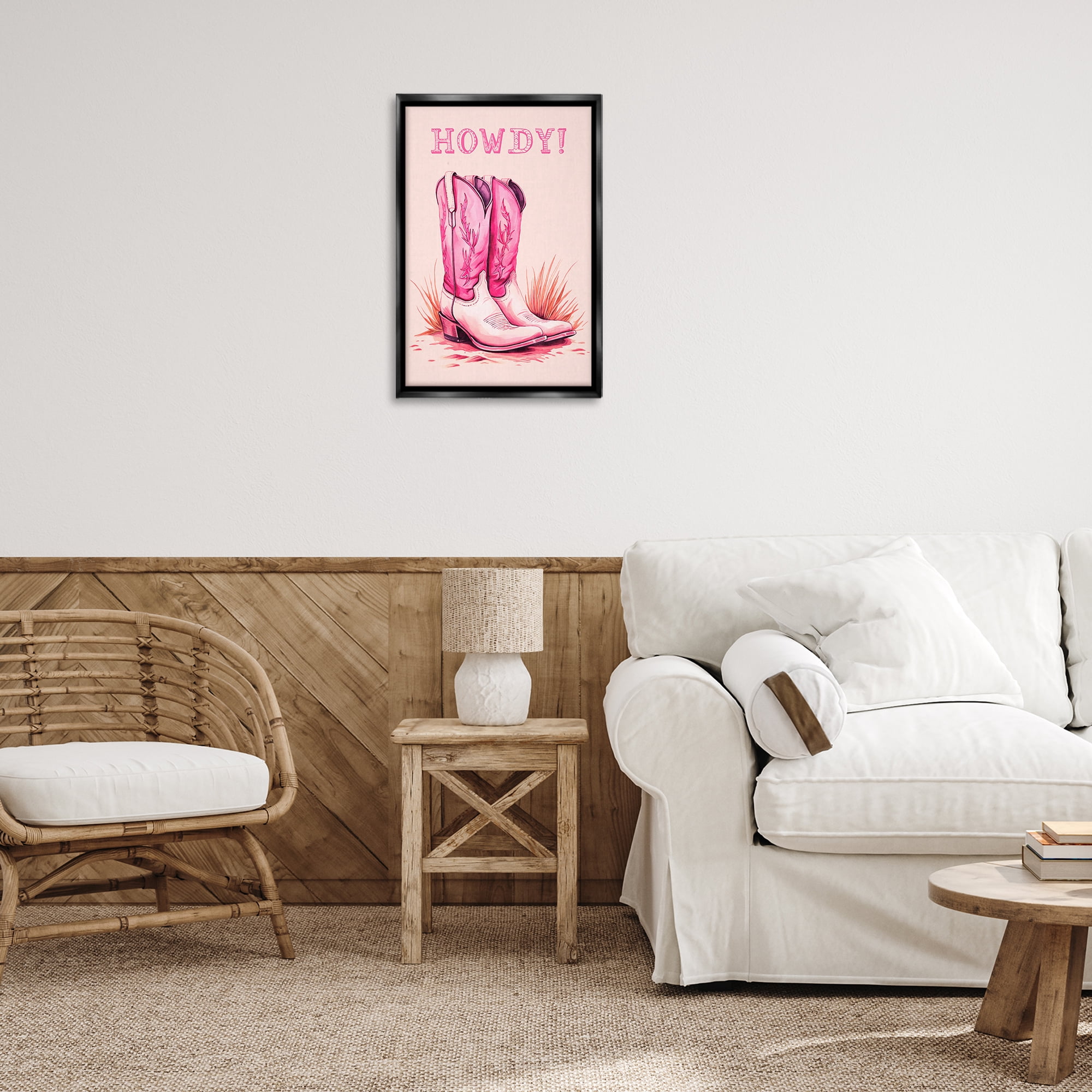 Stupell Industries Pink Cowgirl Boots Howdy Fashion Painting Black Floater Framed Canvas Art Print Wall Art, 17 x 25