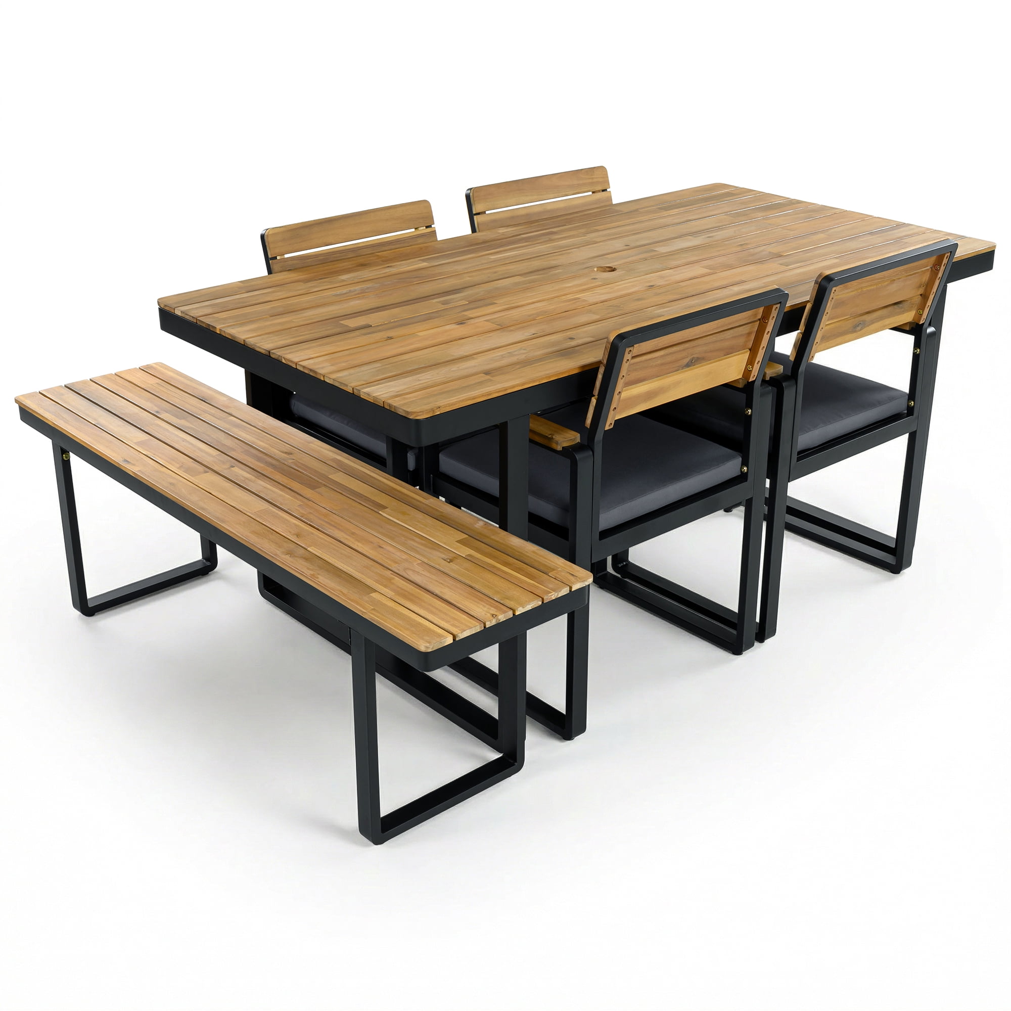 YIORTWO 6-Piece Outdoor Dining Set, Acacia Wood & Steel Patio Furniture for 6-7 Person, 1 Dining Table 4 Cushioned Chairs & 1 Bench, Gray