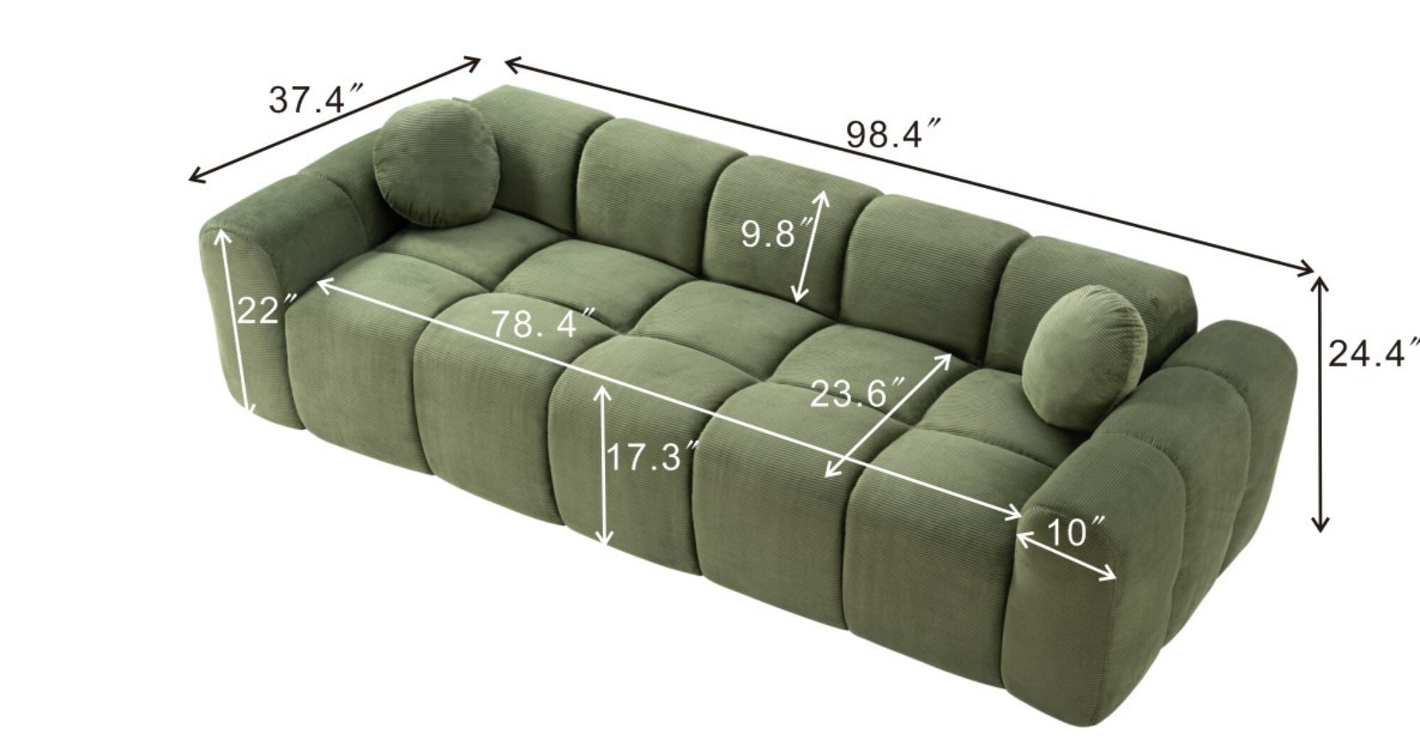 AENKYO 98" Corduroy Cloud Puff Sofa, Modern 4-Seater Bubble Block Couch, No Assembly, Sage Green