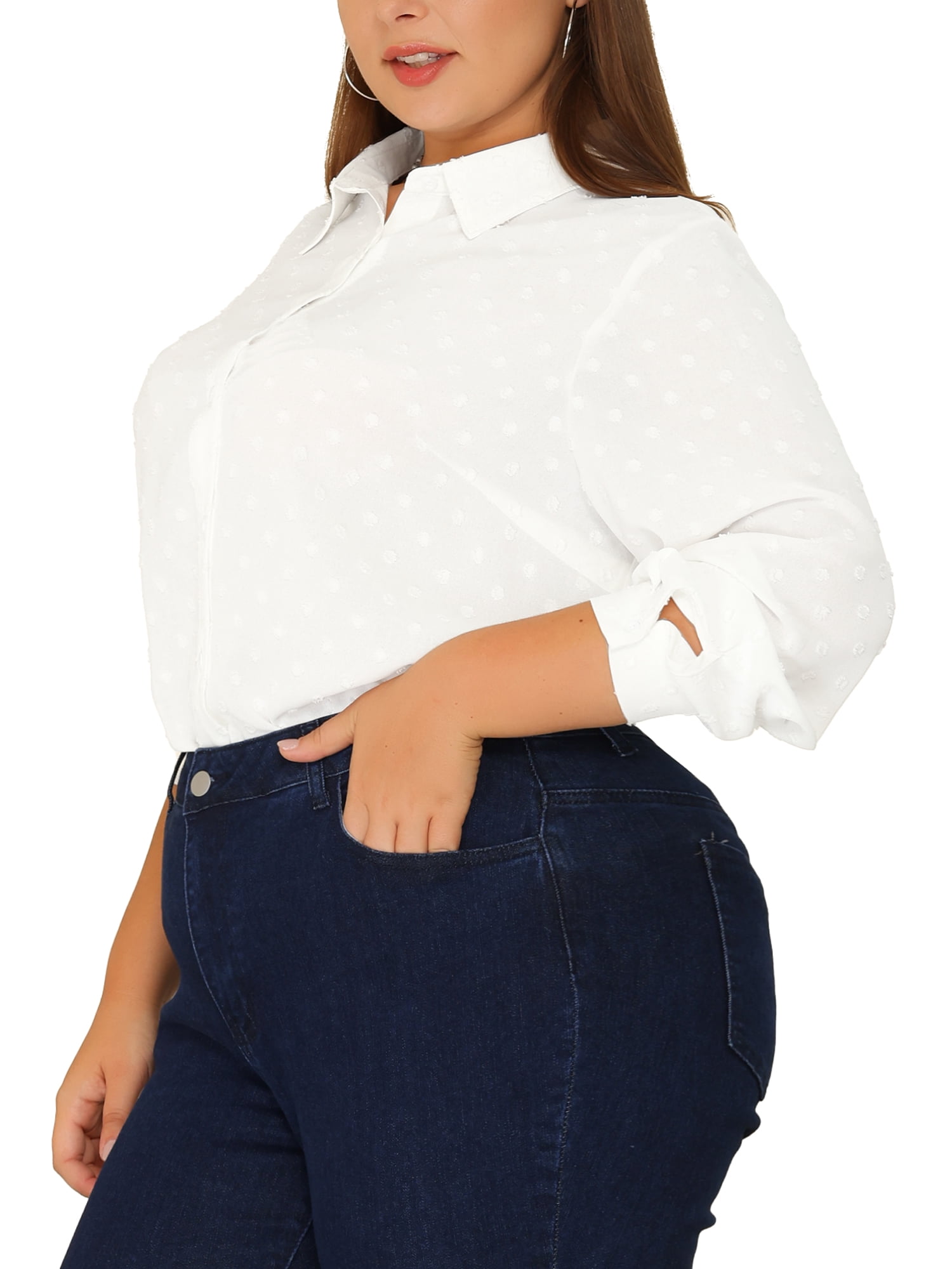 DARING DIVA Women's Plus Swiss Dots Button Down Collar Long Sleeve Tops 1X White