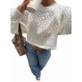 thumbnail image 3 of Women's Crochet Sweater Crew Neck Long Sleeve Tie Open Back Cropped Sweater Knit Pullover Top Rice S, 3 of 10