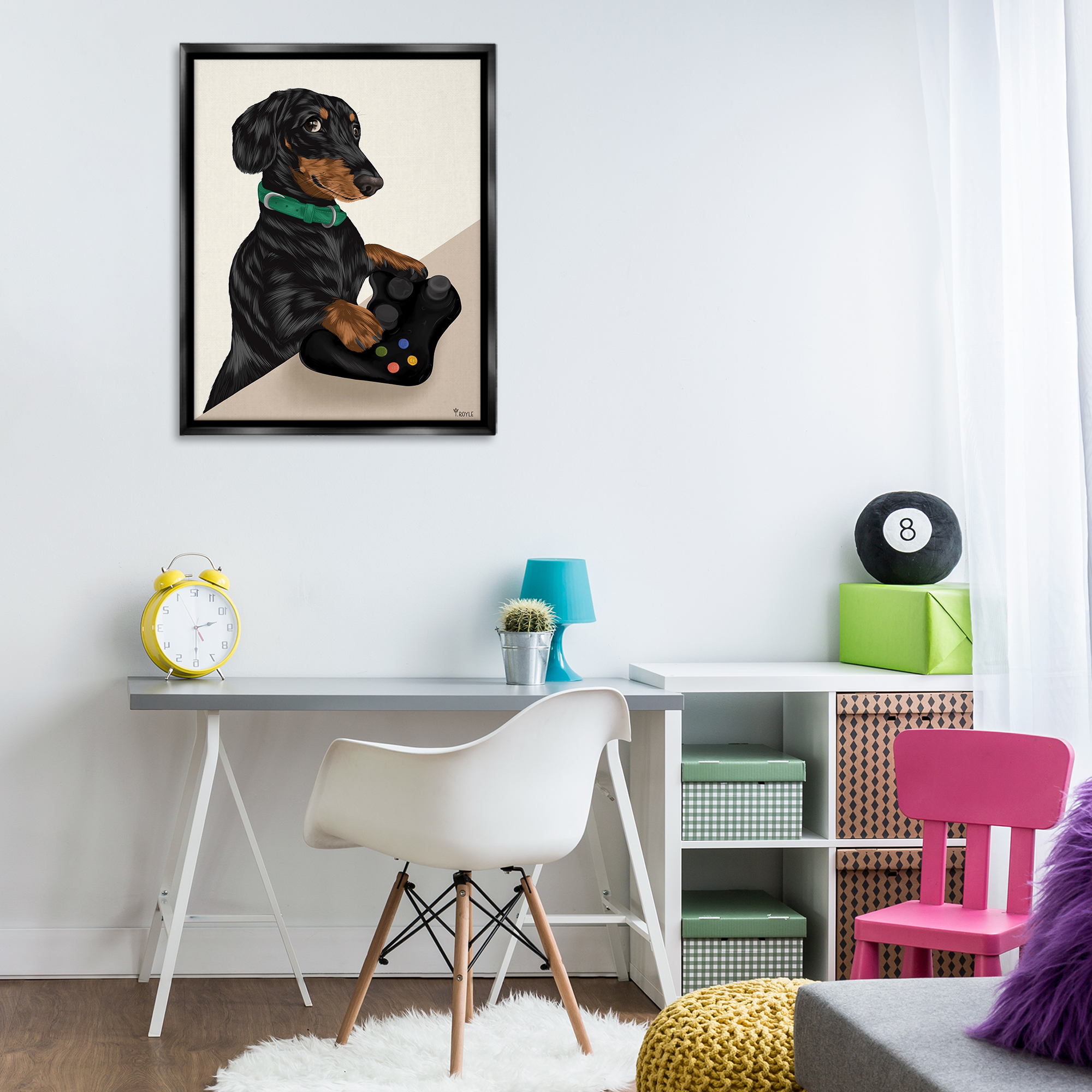 Stupell Industries Gamer Dachshund Dog Animals & Insects Painting Black Floater Framed Art Print Wall Art, 25 x 31