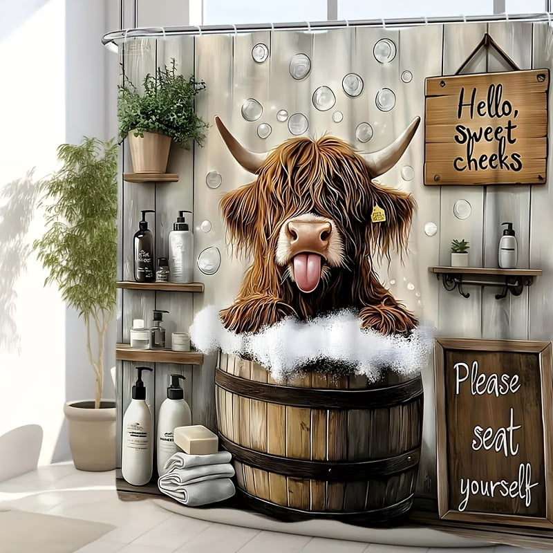 4 Piece Funny Highland Cow Shower Curtain Set - Farmhouse Woodland Bathroom Decor - Washable Fabric Curtain - Rugs and Cover