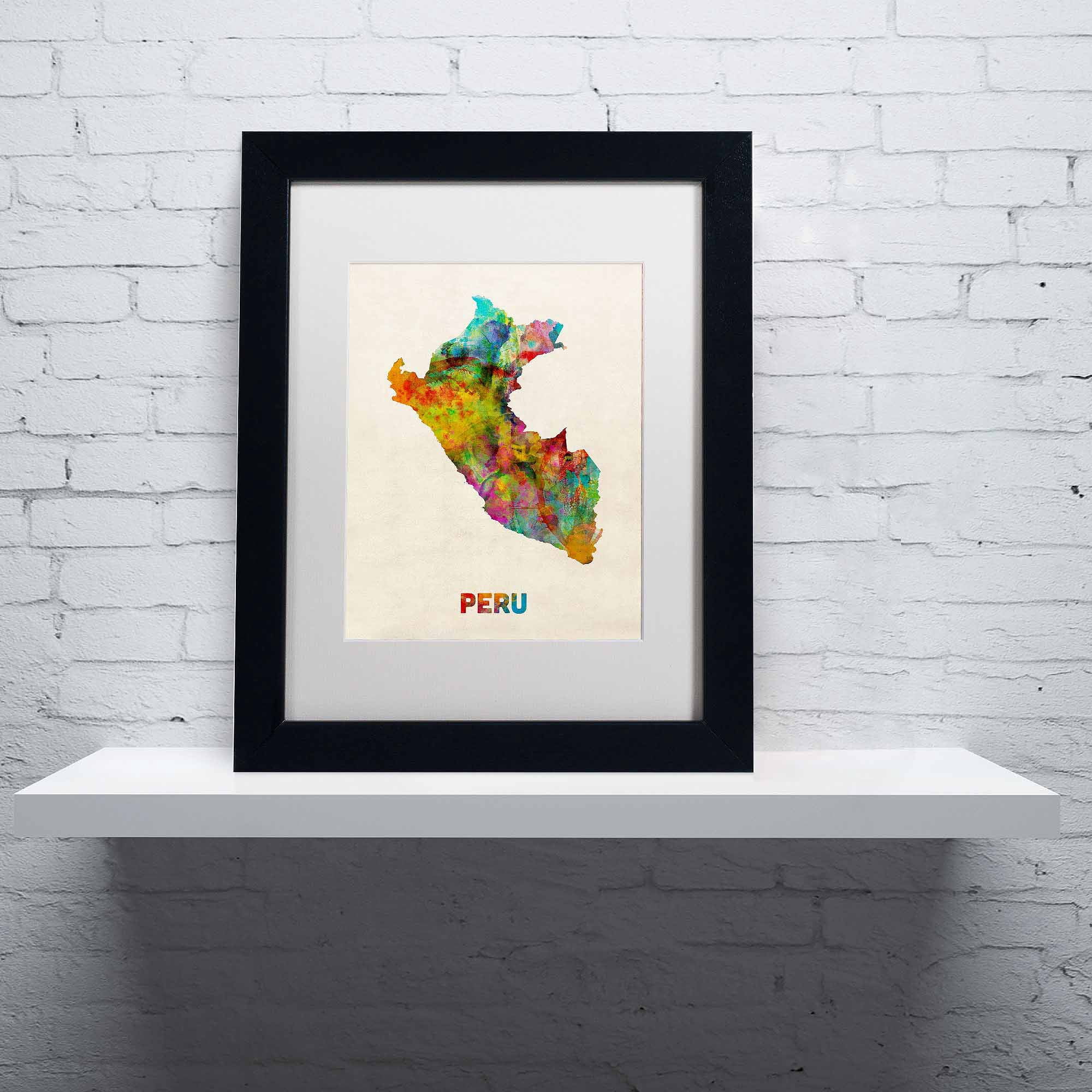 Trademark Fine Art "Peru Watercolor Map" Canvas Art by Michael Tompsett, White Matte, Black Frame