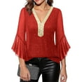 thumbnail image 4 of Aobny Womens Shirts Casual Sequin Ruffle Sleeve Clothing V-Neck Red Pullover 3/4 Sleeve Sexy Tops,M, 4 of 9