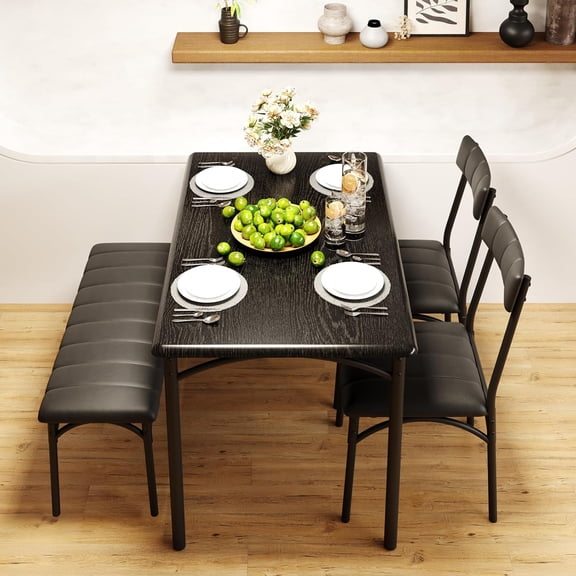 Acekid 4-Piece Dining Table Set for Small Spaces – Kitchen Table with 2 Chairs & 1 Upholstered Bench, Compact Apartment Style, Black