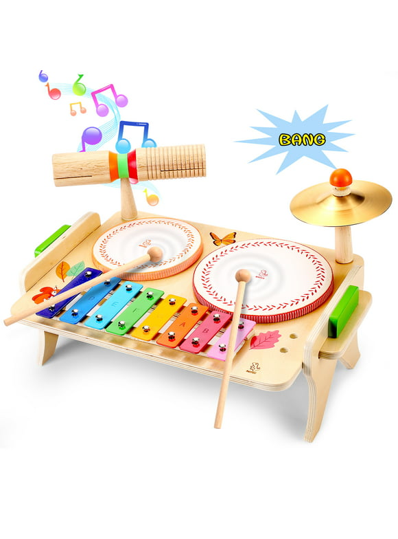 OATHX Baby Drum Set,Wooden Xylophone Musical Instruments for Kids,Toddler Drums Montessori Music Toy