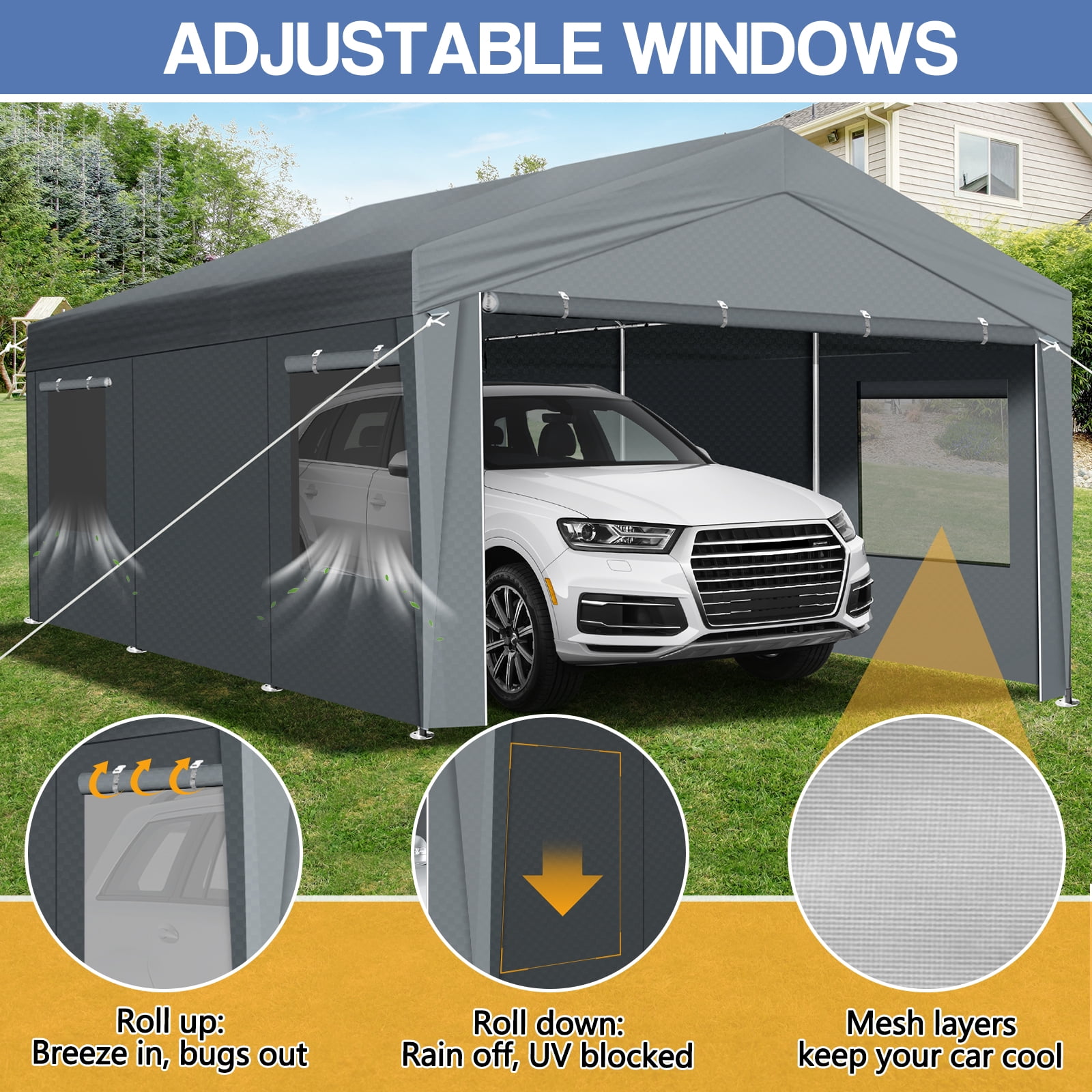 Ktaxon 12x20Ft Carport, Large Heavy Duty Car Tent with Galvanized Steel Frame, Portable Storage Boat Shed Canopy Garage with Sidewalls & Doors, Gray