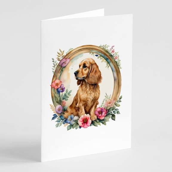 English Cocker Spaniel and Flowers Greeting Cards and Envelopes Pack of 8 7 in x 5 in