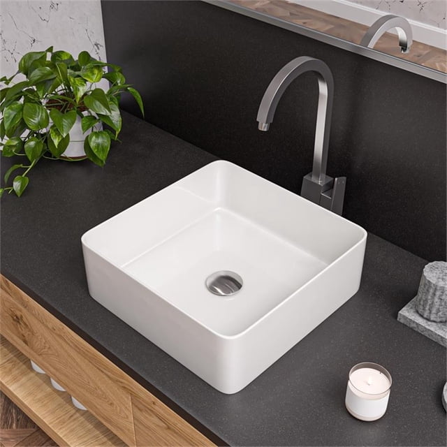 Pemberly Row White 16" Modern Square Above Mount Ceramic Sink