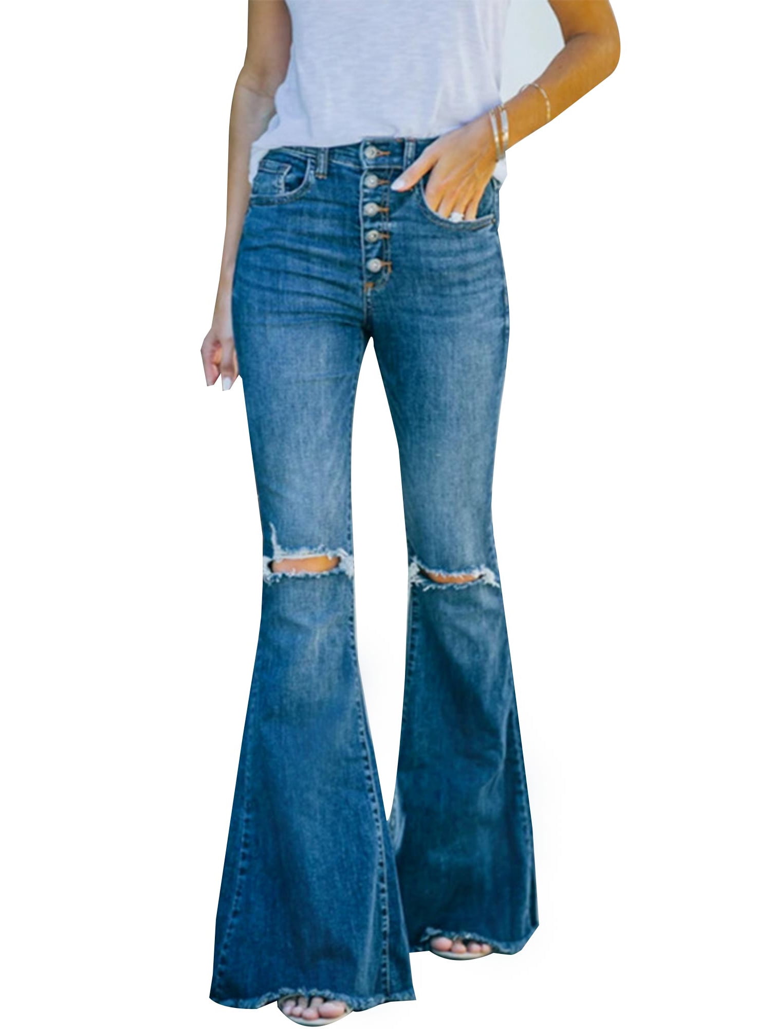 Damen Bootcut Jeans Hose Schlaghose Denim blue bleached Stretch S M L XL 