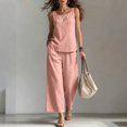 thumbnail image 2 of Linen-Blend Sleeveless Tank Top & Wide Leg Pants Two Piece Set for Women, Square Neck Loose Fit Palazzo Lounge Outfit - Solid Color Summer Casual Co-ord Pink S, 2 of 5