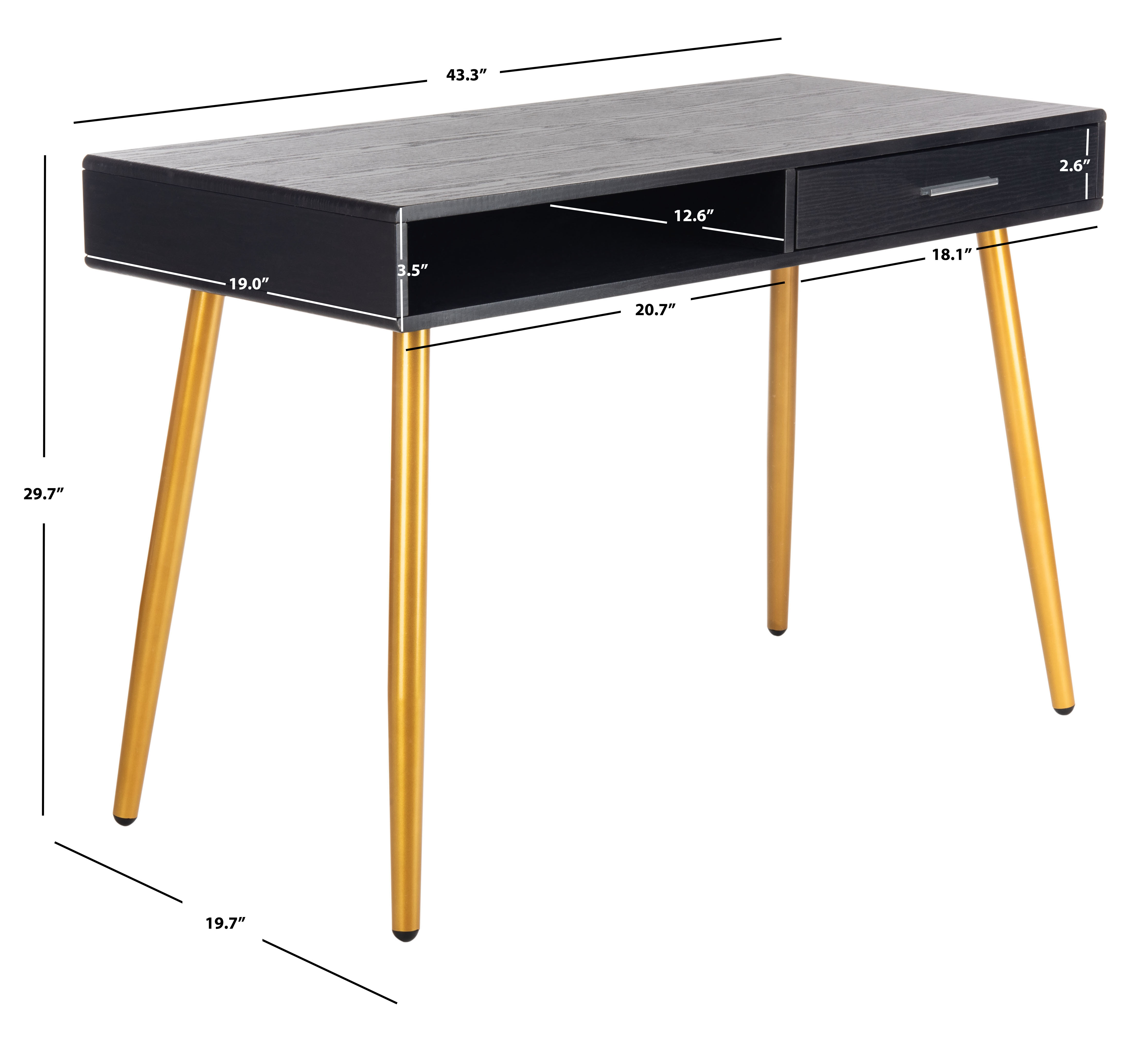 SAFAVIEH Jorja Contemporary Black/Gold 1-Drawer Writing Desk (43.3 in. W x 19.7 in. D x 29.7 in. H)