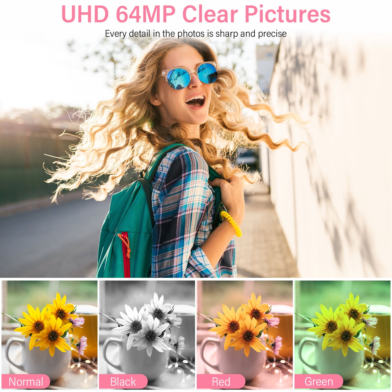MARVUE Digital Camera 4K UHD 64MP, Autofocus Compact Camera with 16X Digital Zoom, 32GB SD Card, 2 Batteries - Pink
