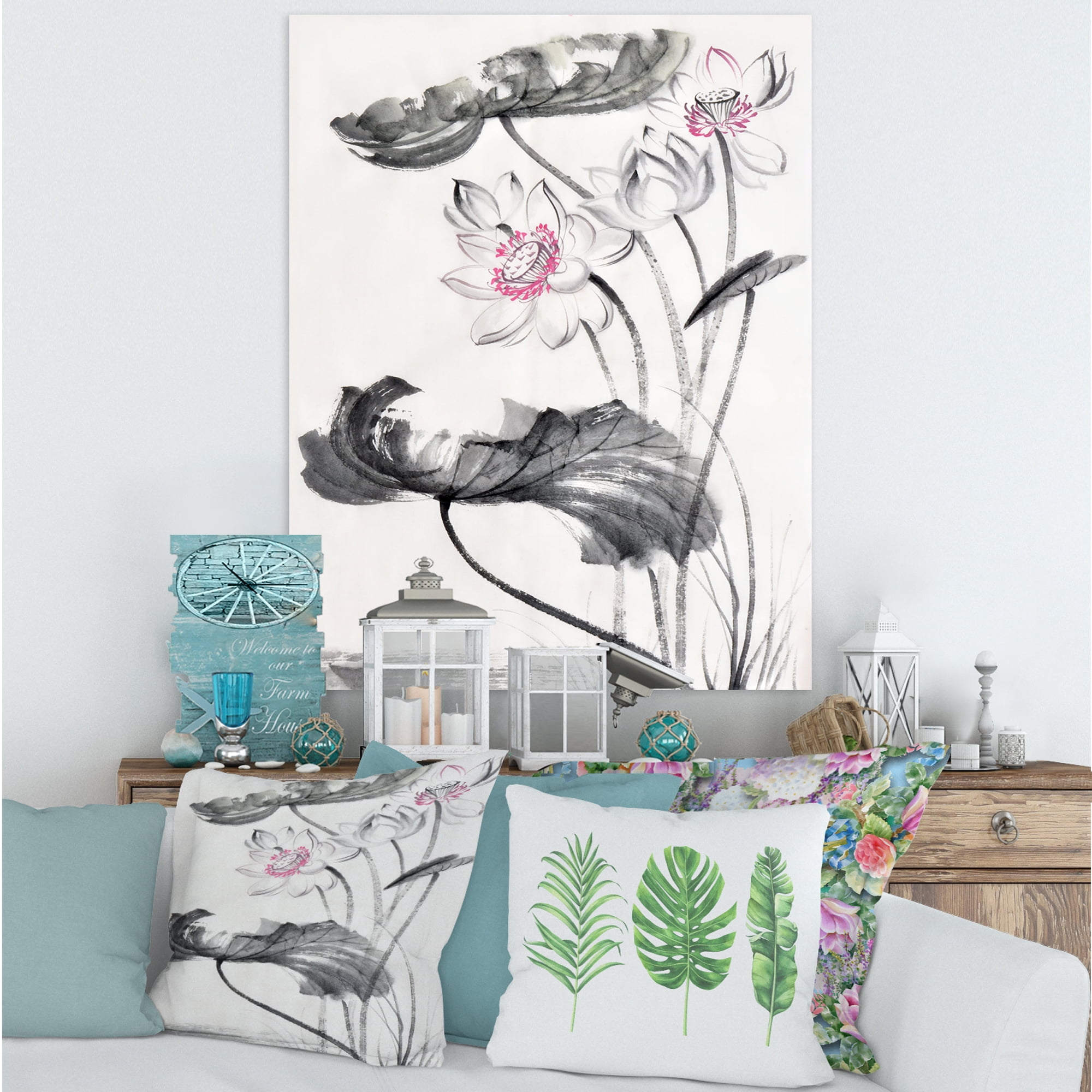 Designart ' Ancient Lotus Flowers ' Traditional Canvas Wall Art Print