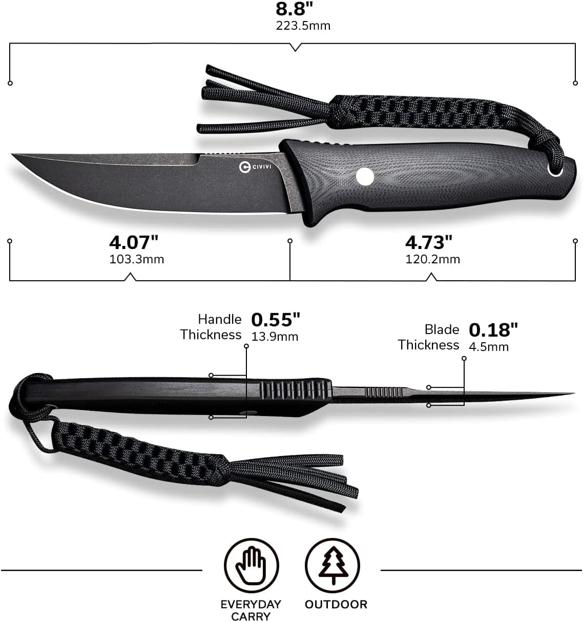 CIVIVI 4.07" Drop-Point D2 Blade Fixed Blade Tactical Knife, with Black Lanyard C19046-3