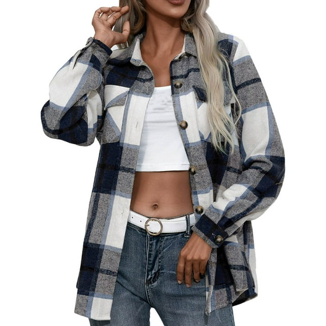 GYUJNB Women's Flannel Plaid Shacket Jacket Long Sleeve Button Down Wool Blend Shirts Jacket Coats with Side Pockets