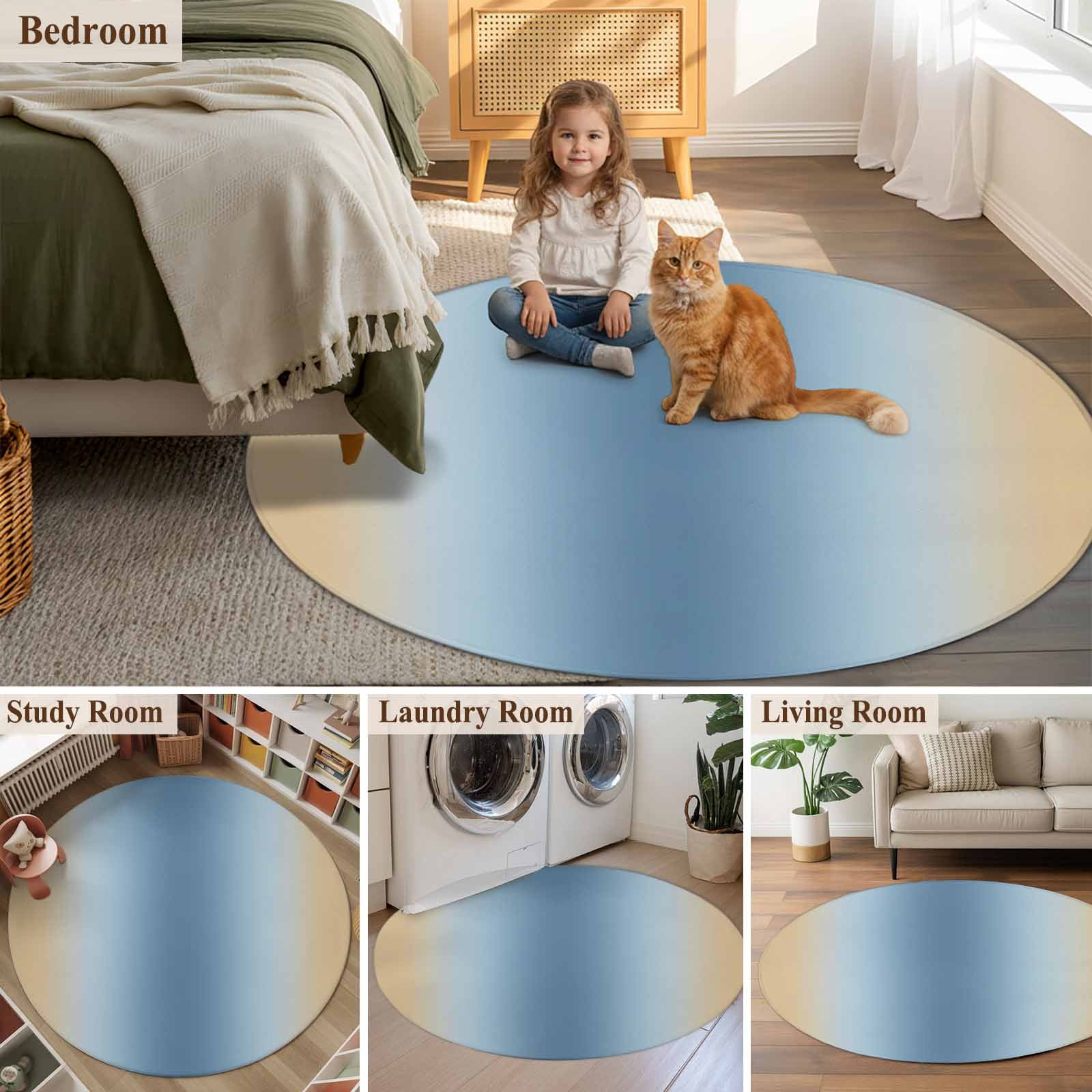 Blue Yellow Ombre Round Area Rug 7Ft Washable Circle Rugs for Dorm Laundry Room, Farmhouse Modern Gradient Art Non-Slip Carpet Floor Mats Indoor Outdoor Carpet Runner Aesthetic Home Decor