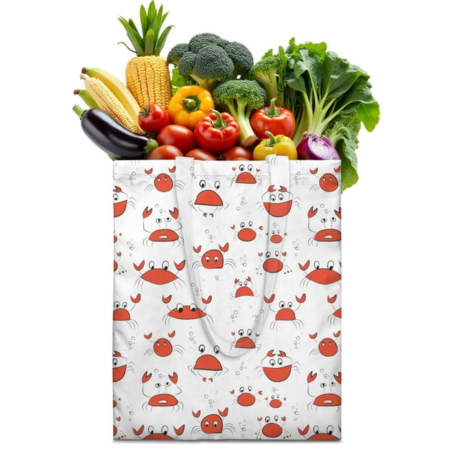 Retro Crab & Palm Tree Print Shopping Tote - Durable Machine Washable Bag for Travel & Groceries