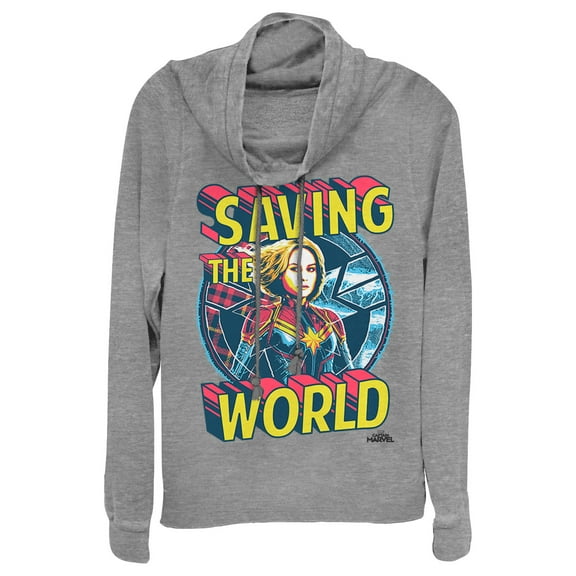 Junior's Marvel Captain Marvel Saving the World  Cowl Neck Sweatshirt Gray Heather Large