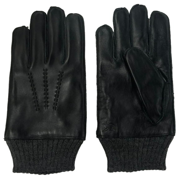 American Living Mens Black Leather Gloves Acrylic Cuff Fleece Lined Medium