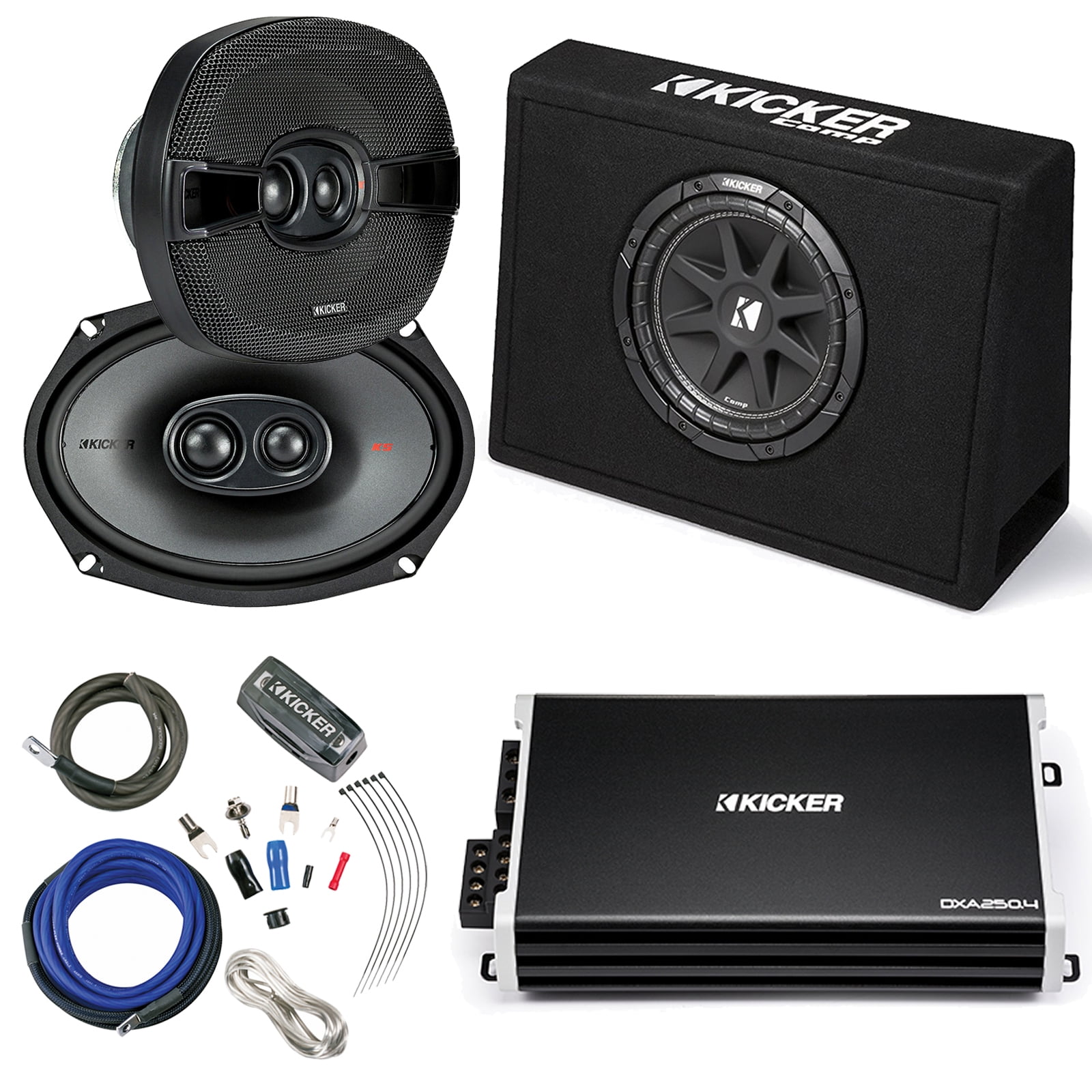 Kicker 6x9" 3-Way 600 Watts Coaxial Speakers, Kicker DX 4-Channel 500