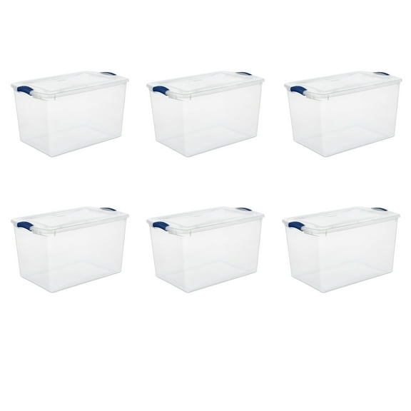 Sterilite, 66 Quart Clear Storage Bin, Latch Box Storage Container, with Clear Lid, Blue, 6 Count
